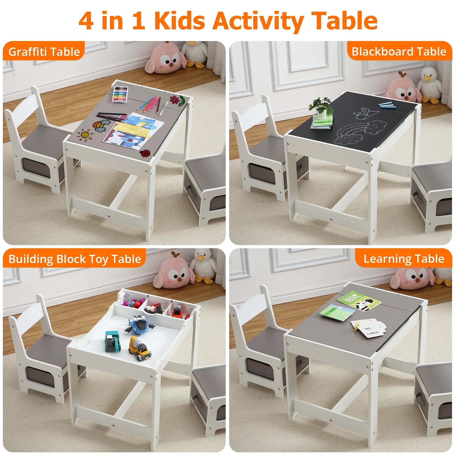 Kids Table and Chair Set, 3 in 1 Wooden Activity Table with Storage Drawer for Toddlers Arts, Crafts, Drawing, Reading, Playroom, Toddler W/ 2 in 1 Tabletop, Storage Space, Gift for Boy Girl