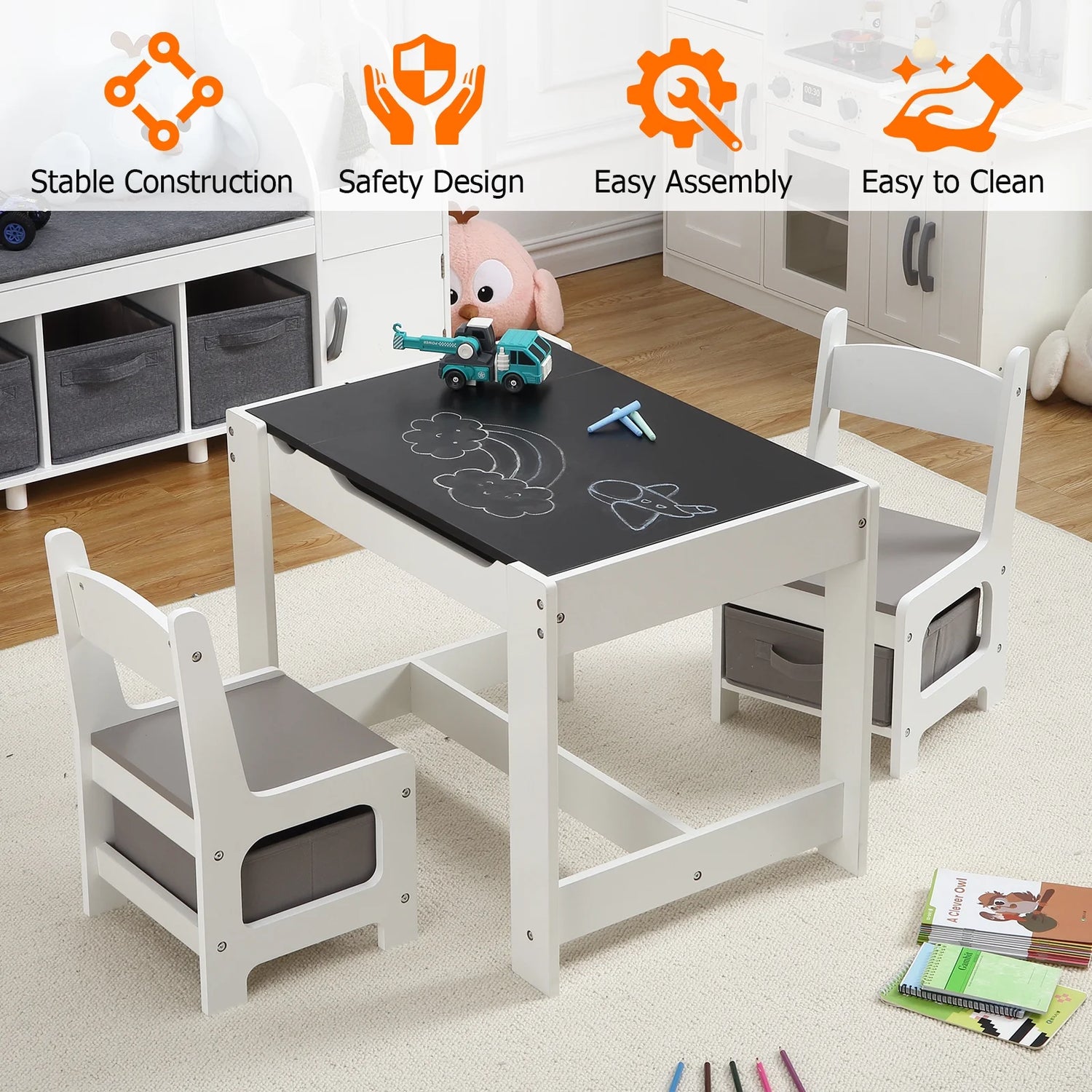 Kids Table and Chair Set, 3 in 1 Wooden Activity Table with Storage Drawer for Toddlers Arts, Crafts, Drawing, Reading, Playroom, Toddler W/ 2 in 1 Tabletop, Storage Space, Gift for Boy Girl