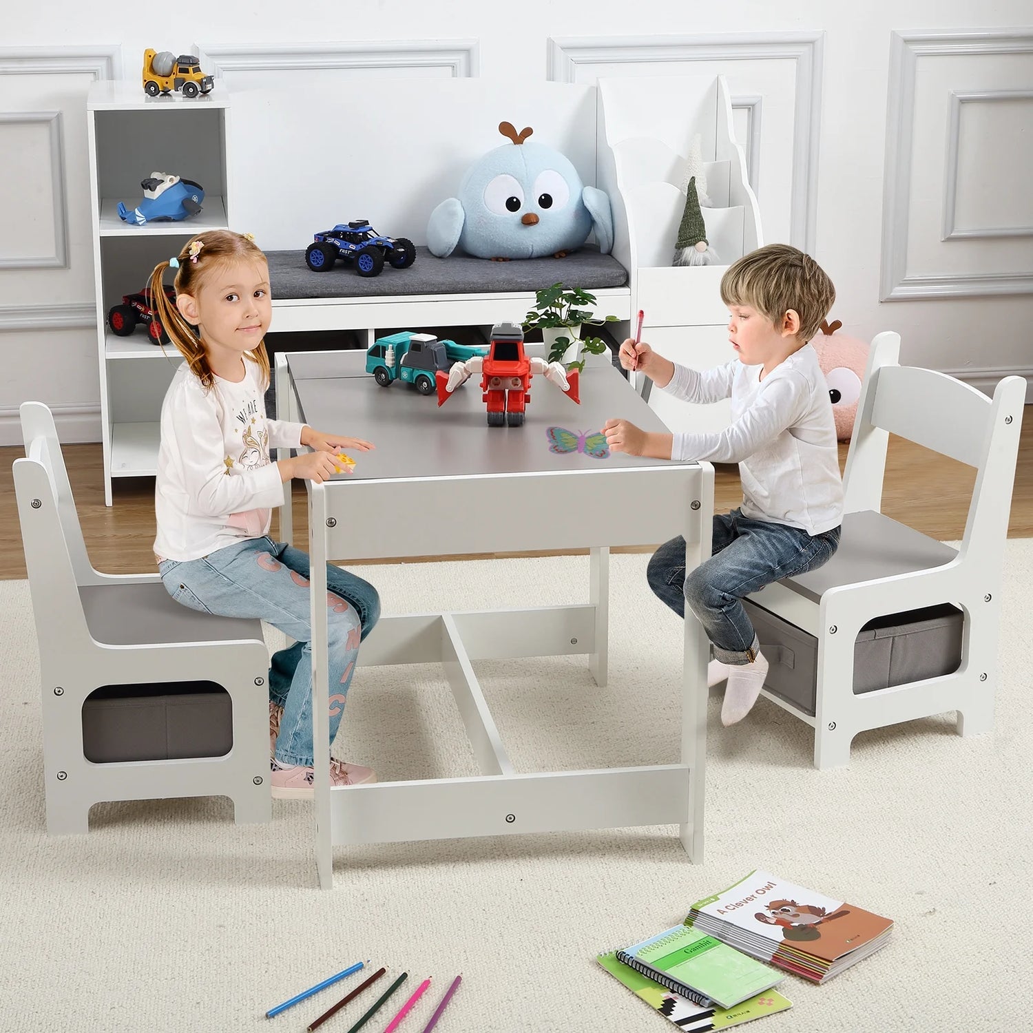 Kids Table and Chair Set, 3 in 1 Wooden Activity Table with Storage Drawer for Toddlers Arts, Crafts, Drawing, Reading, Playroom, Toddler W/ 2 in 1 Tabletop, Storage Space, Gift for Boy Girl